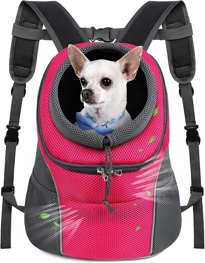 WOYYHO Pet Dog Carrier Backpack Small Dog Front Backpack Ventilated Dog Carrier Back Pack with Storage Pockets, Adjustable Straps & Safety Belt for Travel Hiking Outdoor (Size M: 5-9 lbs, Rose)