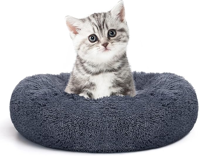 MIXJOY Calming Cat Beds for Indoor Cats, 20'' Kitten Donut Beds for Pet Up to 15lbs, Fluffy Small Cat Cuddler, Anti-Anxiety Plush Faux Fur Large Pet Bed Washable (20'', Grey-Blue)