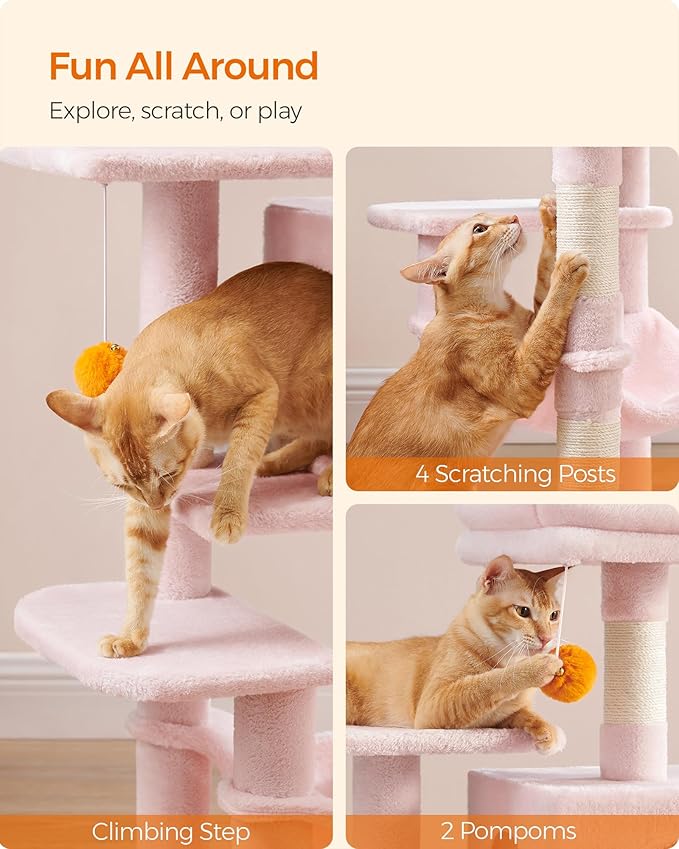 Feandrea Cat Tree, 44.1-Inch Cat Tower for Indoor Cats, Multi-Level Cat Condo with 4 Scratching Posts, 2 Perches, Hammock, Cave, Jelly Pink UPCT261P01