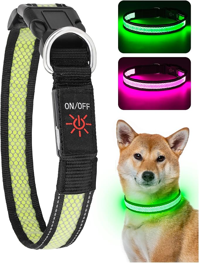 Weesiber Light Up Dog Collar - LED Dog Collar Rechargeable Glow in The Dark Reflective Pet Collar, Safety Doggy Lights for Night Walking(Green, M)