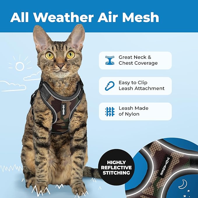 Voyager Escape-Proof Step-in Lock Cat Harness & 5ft Neoprene-Handle Leash Set All-Weather Mesh with Reflective Stitching for Small to Large Cats by Best Pet Supplies, Army (327), XXS