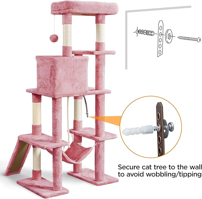 Yaheetech Cat Tree Cat Tower, 63in Multi-Level Kitten Tree w/Sisal-Covered Scratching Posts & Condo, Pet Furniture Activity Center for Kitty, Pink