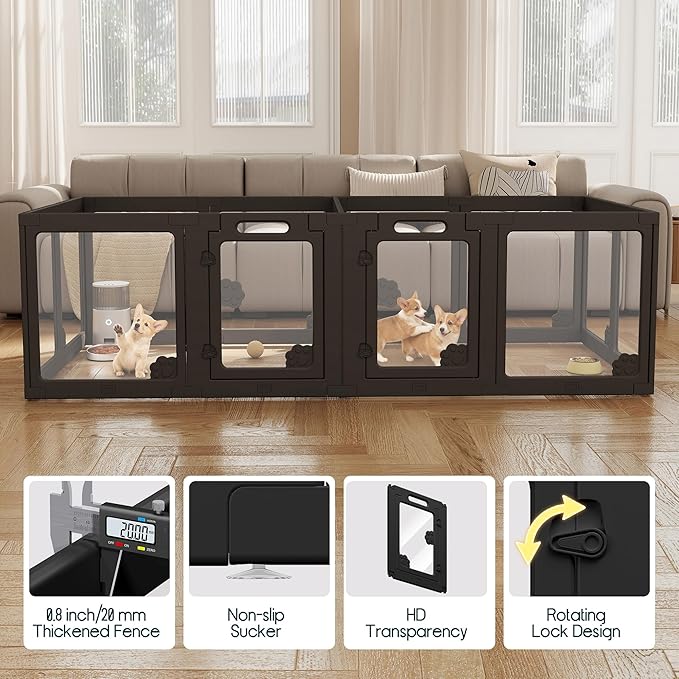 Albott Acrylic Clear Dog Playpen Indoor, Modular Puppy Cat Small Pet Play Pen with 2 Doors, Transparent Fence for Little Dogs, Cats, Rabbits, Easy Assemble and Disassemble, Black (24" H, 14 pcs)
