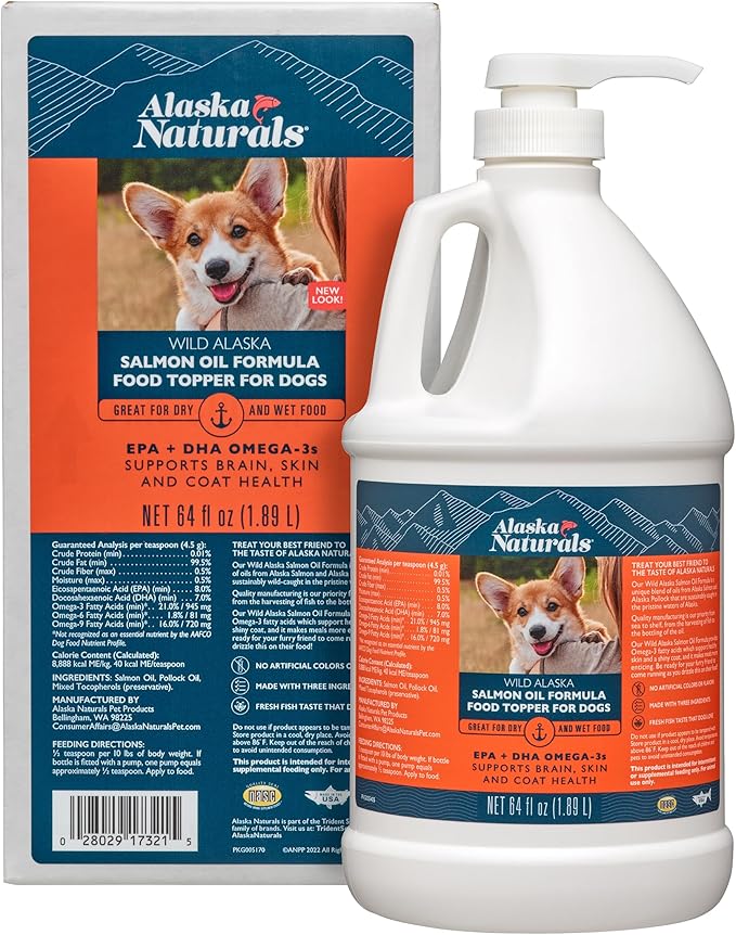 Alaska Naturals Wild Alaskan Salmon Fish Oil Supplement for Dogs Skin and Coat with EPA DHA Omega 3 Fatty Acids Liquid Food Topper 64 oz. Pump