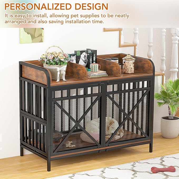 48" Large Dog Crate Furniture – XL Wooden Kennel with 360° Swivel Base & Chew-Proof Mesh, Convertible End Table Design – Extra Large Dog Crate for Medium & Large Dogs (Brown)