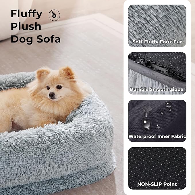 Orthopedic Dog Bed for Medium Size Dog - Fluffy Faux Fur Pet Sofa with Washable Removable Cover, Donut Waterproof Pet Bed with Supportive Egg Foam and Nonskid Bottom, Grey