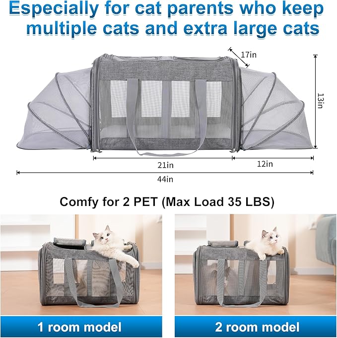 Large Cat Carrier for 2 Cats with Removable Soft Pad(43.3 x 17x 13Inches), Collapsible&Expandable Pet Carrier for Large Cats and Small Dogs 35 LBS,Breathable Mesh Top,Safety Harness