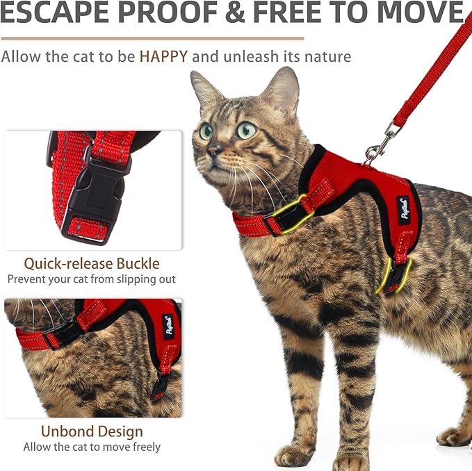 PUPTECK Cat Harness and Leash Set Escape Proof, Reflective Adjustable Soft Mesh Kitten Vest Harness for Walking Travel, Red, M