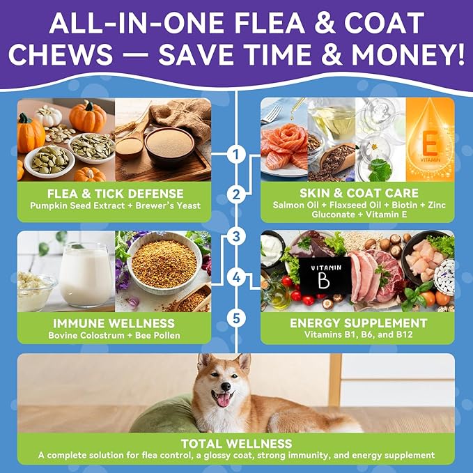 Flea and Tick Prevention for Dogs, Dog Flea Treatment with Skin & Coat Support 500 Crunchy & Krill Chews Dog Flea and Tick Treatment Chewable for Immunity & Energy for All Breeds & Ages Chicken Flavor