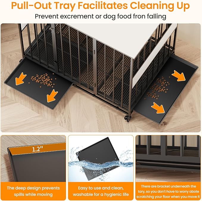 Dog Crate Furniture for Extra Large Dogs, 47 Inch Indoor Kennel, Wooden Pet Cage Decorative Corner End Table with Caster Wheels & Double Removable Tray, White