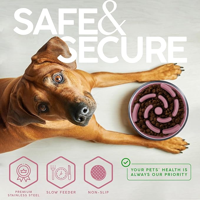 64 OZ Dog Bowl with Slow Feeder Insert Stainless Steel Pet Water Bowl for Medium & Large Breed Non Slip Rubber Base & Plastic Puzzle Feeder - Pink