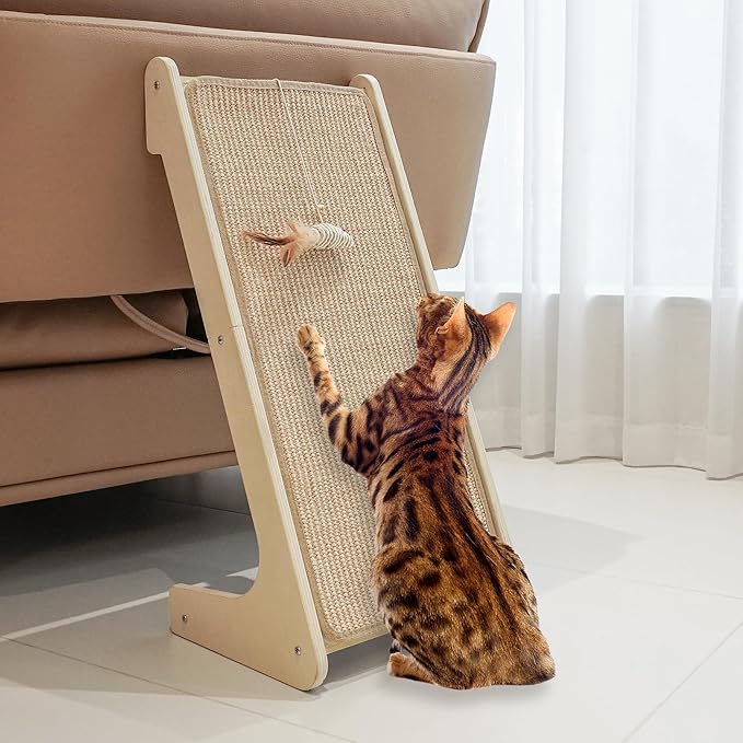 PETKARAY Cat Scratcher, Sisal Cat Scratching Ramp, L Shape Scratch Pad for Indoor Kitty, 27" Wall Furniture Protector with Mouse Toy