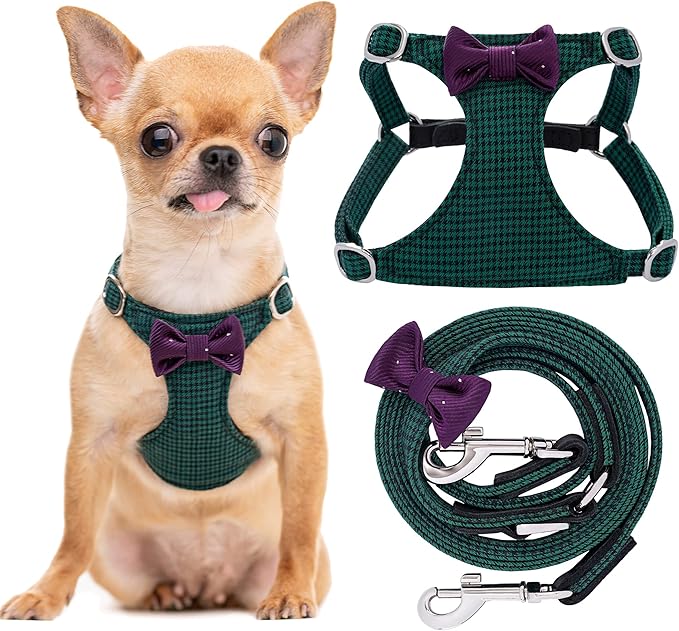 Puppytie No Pull xs Dog Harness with Multifunction Dog Leash,Soft Adjustable No Choke Escape Proof Pet Harness Vest,Plaid Green,xs