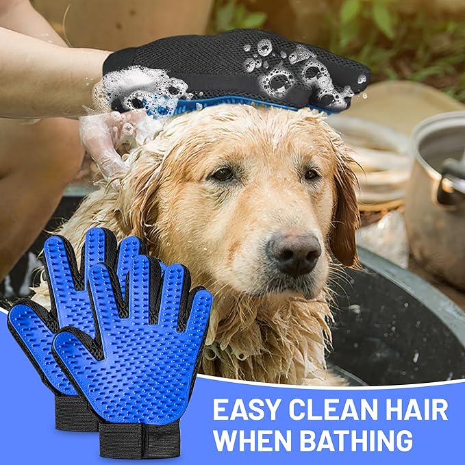 Upgrade Pet Grooming Gloves, Grooming Gloves for Dogs, Cats, Rabbits & Horses with Long and Short Hair, Efficient Pets Hair Remover Mittens - 1 Pair (Blue)