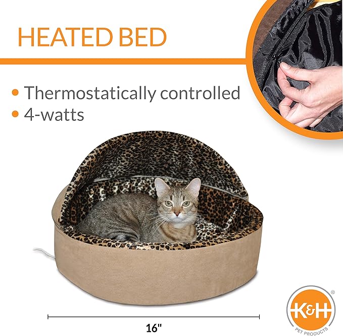 K&H Pet Products Thermo-Kitty Bed Deluxe Indoor Heated Cat Bed Tan/Leopard Small 16 Inches (FFP)