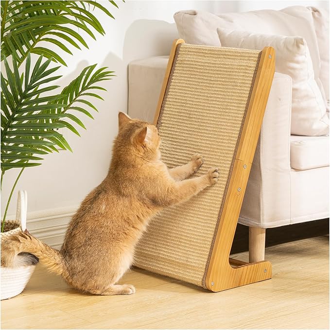 Avont Sisal Cat Scratcher, 25.6 Inch Vertical L Shape Scratching Board with 110° Angled Ramp, Natural Solid Wood with No Mess Scratch Pad for Indoor Cats -Large