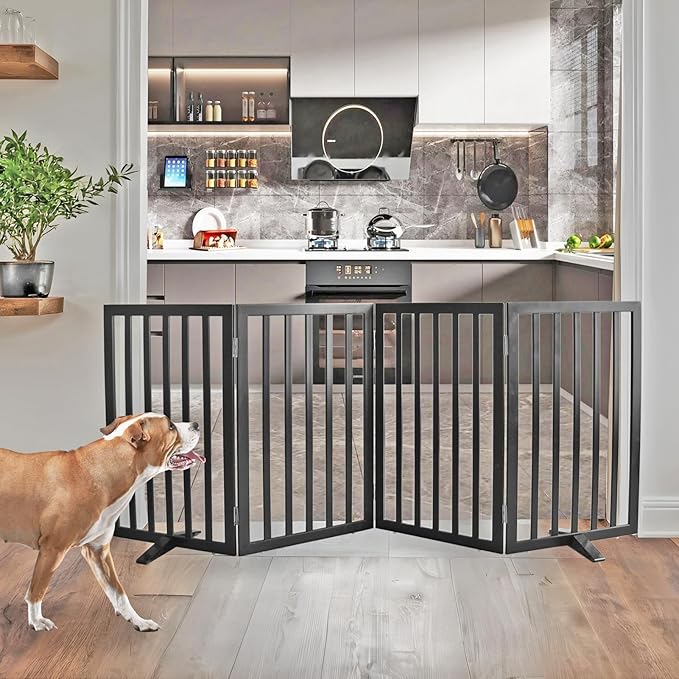 ZJSF Freestanding Indoor Dog Gate for House Foldable Wood Puppy Gate for Doorways Pet Gate for Stairs Extra Wide Pet Fence, Black, 32" Height 4 Panels