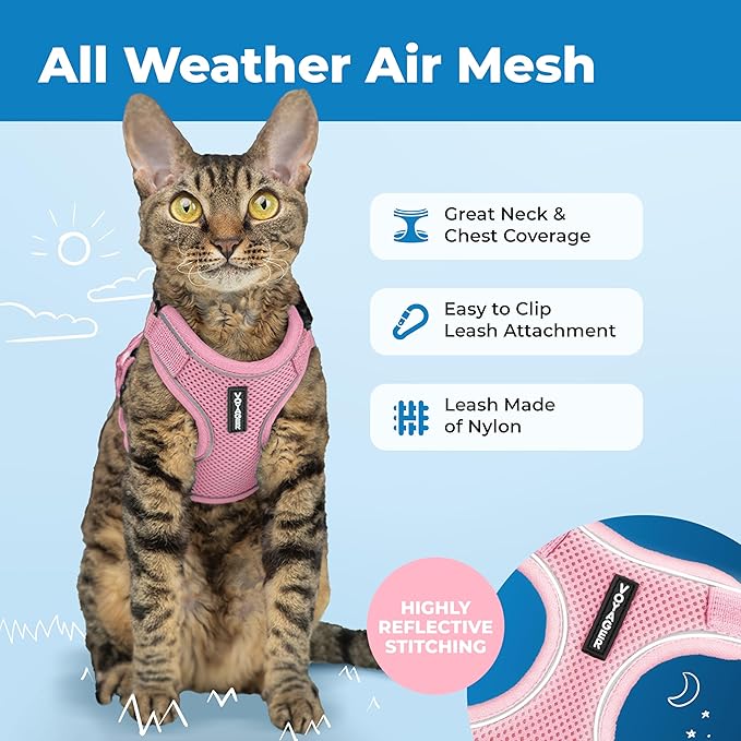 Voyager Escape-Proof Step-in Lock Cat Harness & 5ft Neoprene-Handle Leash Set All-Weather Mesh with Reflective Stitching for Small to Large Cats by Best Pet Supplies, Pink (327), M