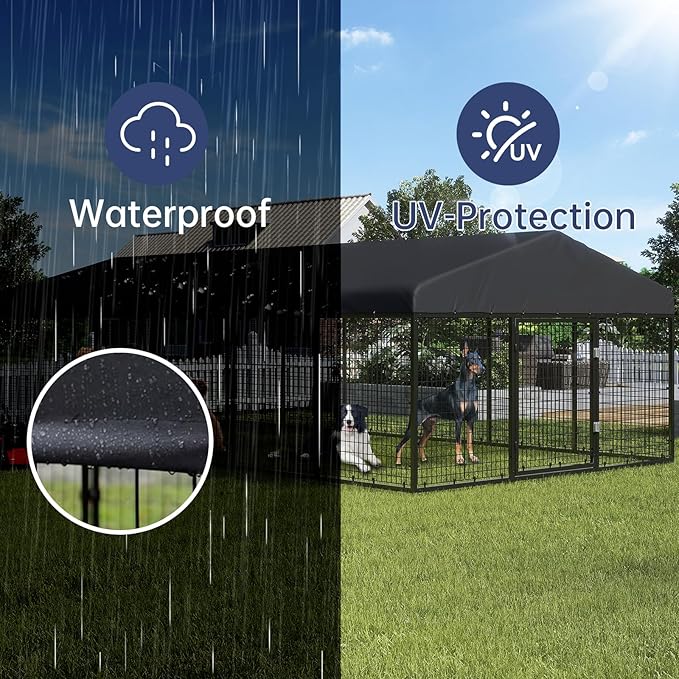 236" x 118" Outdoor Dog Kennel Steel Ideal Dog Fence for Medium/Small Dogs Anti-Rust Coating Cage with Roof All Weather Resistant Dog House with Double Locks