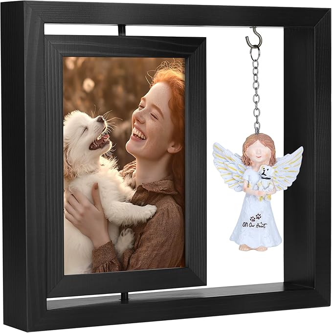 Dog Memorial Gifts for Loss of Dog, Rotating Wooden Picture Frame with Resin Angel Statues for 4x6 Photo, Pet Memorial Gifts for Dog Cat, Pet Loss Sympathy Bereavement Remembrance Keepsake, Black