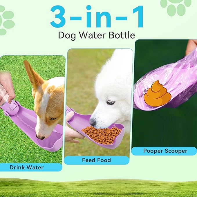 UPSKY Dog Water Bottle | Portable & Foldable Dog Water Bottle | 3-in-1 Portable Pet Water Dispenser with Food Container & Poop Scooper for Outdoor Walking, Hiking & Travel,14.2oz(Pink)