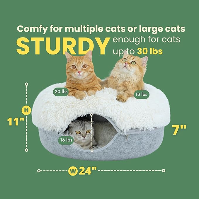 CATTASAURUS Peekaboo Cat Cave for Multiple & Large Cats Up to 30-45 Lbs, Fluffy Cat Beds for Indoor Cats, Scratch Detachable & Washable Tunnel Bed, Comfy Donut Cat Cave (Light Gray, Large (Calming))