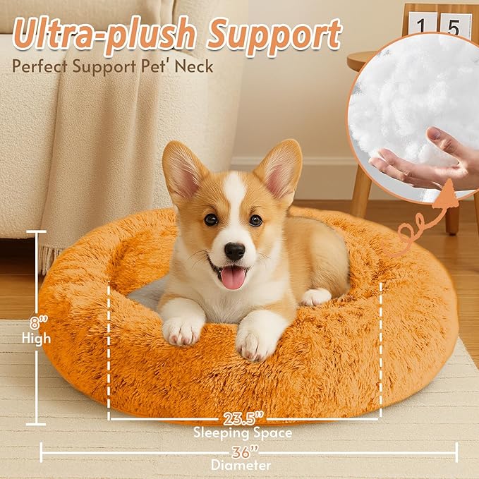 JOLLYVOGUE Calming Dog & Cat Bed for Large Dogs, Anti-Anxiety Donut Cuddler Cozy Soft Round Bed with Anti-Slip Bottom, Fluffy Faux Fur Plush Cushion Beds for Medium Dogs (36")
