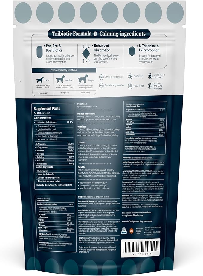 Calming Synbiotic Formula - with L-Theanine, L-Tryptophan, Probiotics, and B-Vitamins in 30 Packs