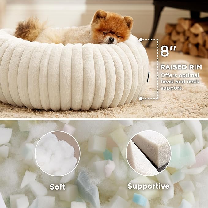 Bedsure Donut Small Dog Bed - Dog Beds for Small Dogs with Corduroy Fleece & Anti Slip Bottom, Round Faux Fur Pet Beds with Washable Removable Cover, Cream, 23x23x8 inches