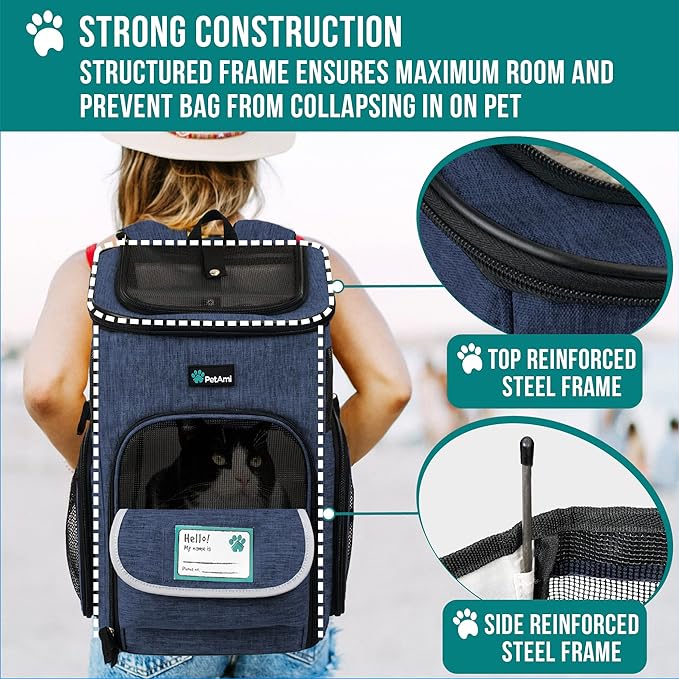 PetAmi Dog Backpack Carrier, Airline Approved Cat Backpacks for Carrying Small Large Cats, Pet Carrier Back Pack, Ventilated Soft Sided for Travel, Hiking, Camping, Max 18 lbs, Navy