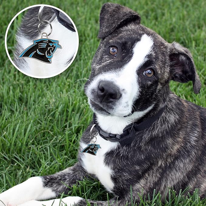 NFL Carolina Panthers Engraving Pet ID Tags in 32 Team Logo Shapes Personalized Dog Tags and Cat Tags with 3 Lines of Customizable Text for Tracking & Safety. Stainless Steel Pet ID Tracking Tags