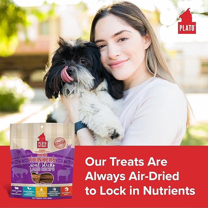 Plato Pet Treats Thinkers - Meat Stick Treats for Dogs - Limited Ingredient Dog Treats with EPA and DHA to Support Skin, Coat, and Brain - Air-Dried Dog Treats - Mini Thinkers Lamb 3oz