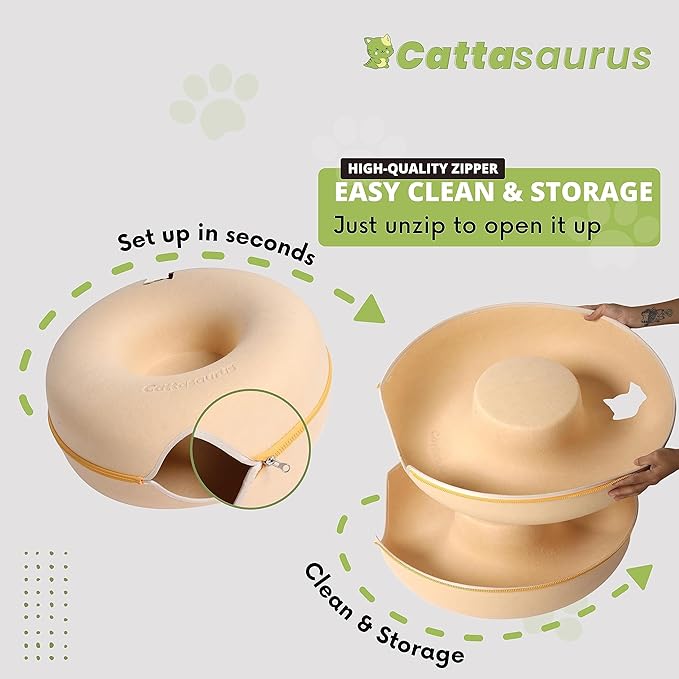 CATTASAURUS Peekaboo Cat Cave for Multiple & Large Cats Up to 30-45 Lbs, Scratch Detachable & Washable Tunnel Bed, Comfy Donut Cat Cave (Pastel Macaron, Large)