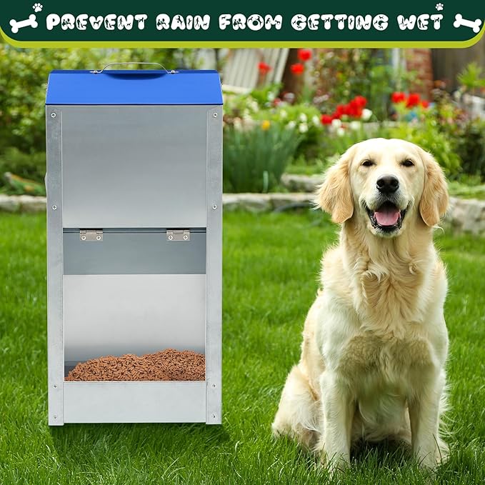 2 Pcs Large Automatic Dog Feeders with Handle Acrylic Panel Galvanized Gravity Feeder Outdoor Hanging for Doggie Breed Dog Food Dispenser Container (Blue,25 Lbs)