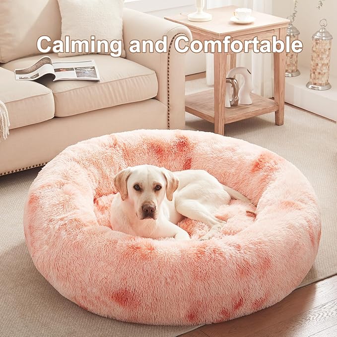 45 inches Donut Dog Bed for Extra Large Dogs,Calming Fluffy Round Jumbo Pet Bed with Removable & Washable Cover, Fits up to 150 lbs Pets (Tie-dye Pink,XL)