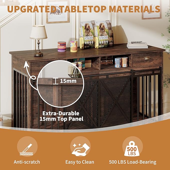 Double Dog Crate Furniture, 63” Large Dog Kennel Furniture with Divider and Sliding Doors, Heavy Duty Dog Kennel Furniture with Drawers and Shelves for Living Room, Retro Brown