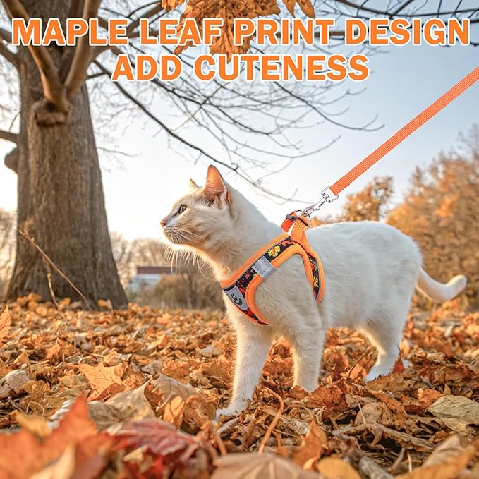 SCENEREAL Fall Thanksgiving Cat Harness and Leash Set Escape Proof, Soft Mesh Kitten Harness for Walking Travel, Reflective Adjustable Pet Vest with Leaf Print for Cat Puppy, M