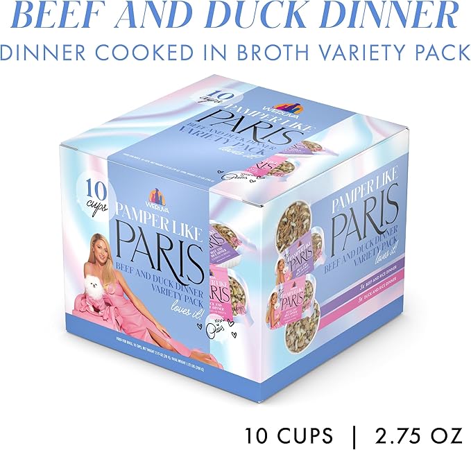 Pamper Like Paris Natural Wet Dog Food, Beef and Duck Recipes Cooked in Broth Variety Pack (2.75oz Cup, Pack of 10)