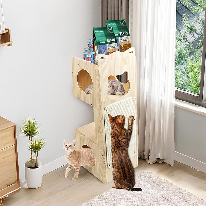 Cat Tower Scratcher, Cat House with Scratching Pad Horizontal Vertical Solid Wooden Cat Tree Furniture with Creative Cat House Condo for Indoor Cats Sunbathing, Relaxing and Sightseeing