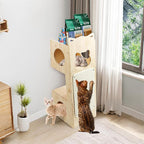 Cat Tower Scratcher, Cat House with Scratching Pad Horizontal Vertical Solid Wooden Cat Tree Furniture with Creative Cat House Condo for Indoor Cats Sunbathing, Relaxing and Sightseeing