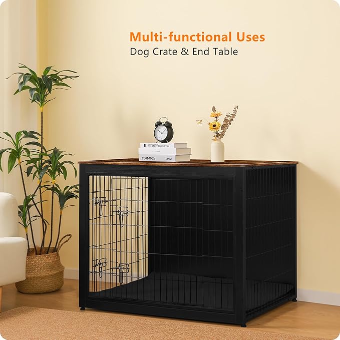 DWANTON Dog Crate Furniture with Cushion, Wooden Kennel Table with Double Doors, Indoor Dog House, Extra Large Size, 43.3" L, Black+Rustic Brown