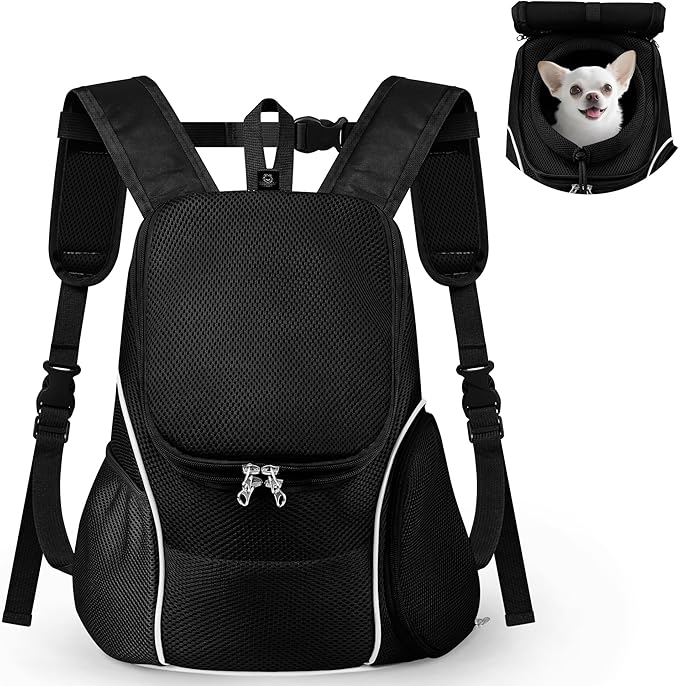 WOYYHO Pet Dog Carrier Backpack with Top and Side Windows, Small Dog Front Backpack Ventilated Dog Back Pack with Safety Belt for Travel Hiking Outdoor Adventures (Size M: 5-9 lbs, All Black 2.0)