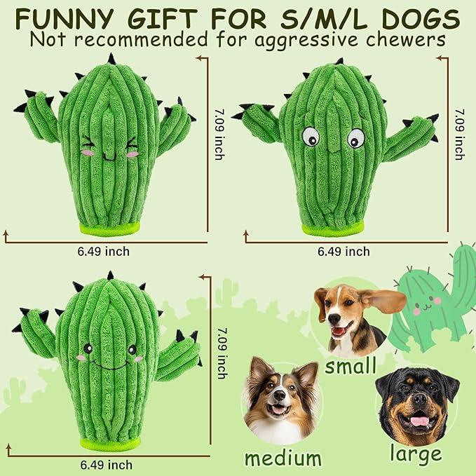 No Stuffing 3 Pack Squeaky Dog Toys- 2 in 1 Interactive Plush Dog Toy- Cactus Shaped Rip and Reveal Toy for Puppies- Perfect for Indoor & Outdoor Play- Training & Toss & Play