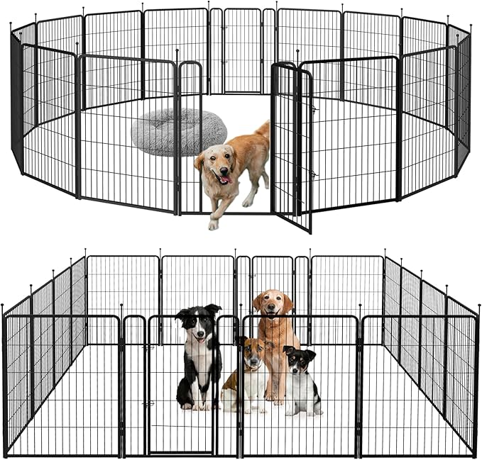 mestyl Dog Play Pen Indoors, Heavy Duty Metal Puppy Playpen, Portable Dog Exercise Pen Temporary Pet Fence with 2 Gate, 32" Height 16 Panels Foldable Dog Kennel for Large/Medium/Small Dogs