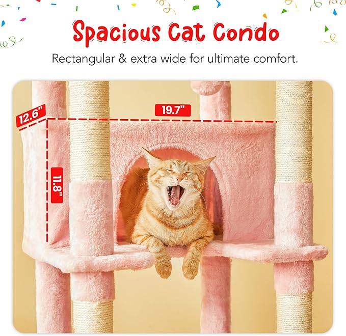 77-Inch Pink Cat Tree for Indoor Cats, Multi-Level Large Cat Tower with 4 Hammocks, 2 Padded Perches, Cat Condo, Sisal Scratching Posts and Hanging Toys for Large Adult Cat