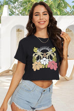 Womens Summer Crop Tops Short Sleeve Round Neck T-Shirts Loose Fit Casual Blouse