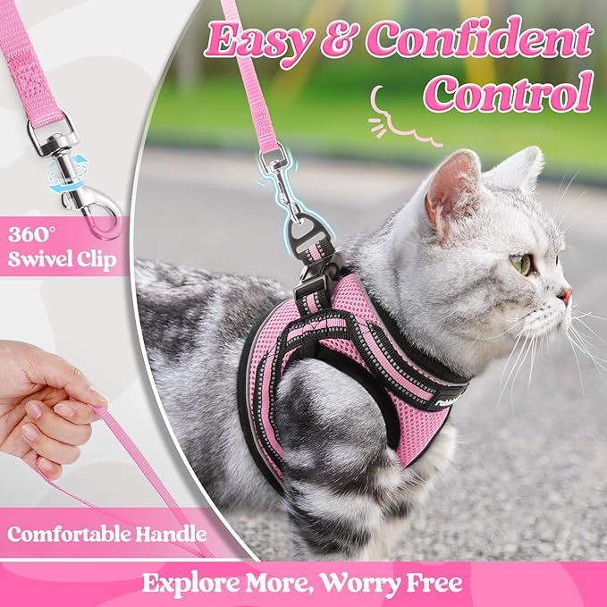 rabbitgoo Cat Harness and Leash Set for Walking Escape Proof, Adjustable Soft Kittens Vest with Reflective Strip for Cats, Comfortable Outdoor Vest, Pink, S