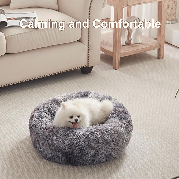 23 inches Donut Dog Bed for Small Dogs - Calming Washable Round Puppy Bed with Removable Cover, Fluffy Plush Pet Bed for Cats & Dogs, Fits up to 25 lbs Pets (Tie-dye Grey,Small)