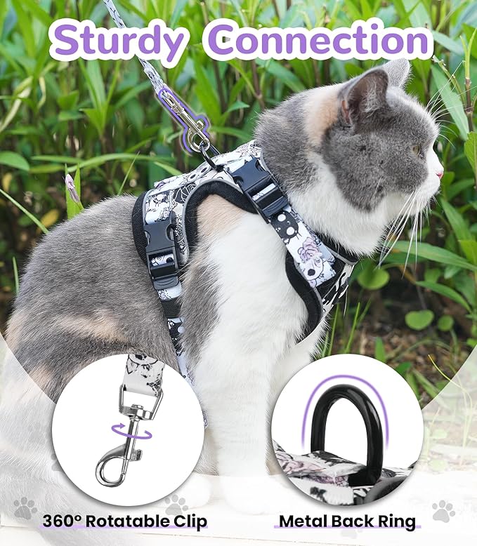 Halypet Cat Harness and Leash Set for Walking, Escape Proof Adjustable Vest Harness with 3-in-1 Integrated Buckles, Easy Control Soft Breathable Mesh with Reflective Strips for Cats, XS,Moonlight Meow