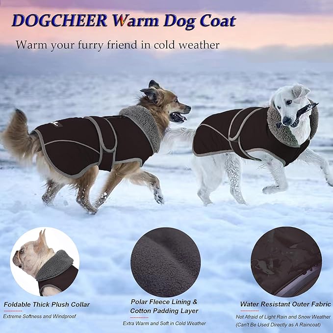 Dogcheer Dog Winter Jacket,Fleece Collar Cold Weather Clothes with Thick Padded, Reflective Sweater Waterproof Windproof Pet Warm Vest for Small Medium Large Dogs, XL(Chest Girth 26.8-34.6,Back 20.5)